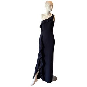 Xscape Elegant One Shoulder Ruffled Navy Scuba Maxi Dress Size 6
